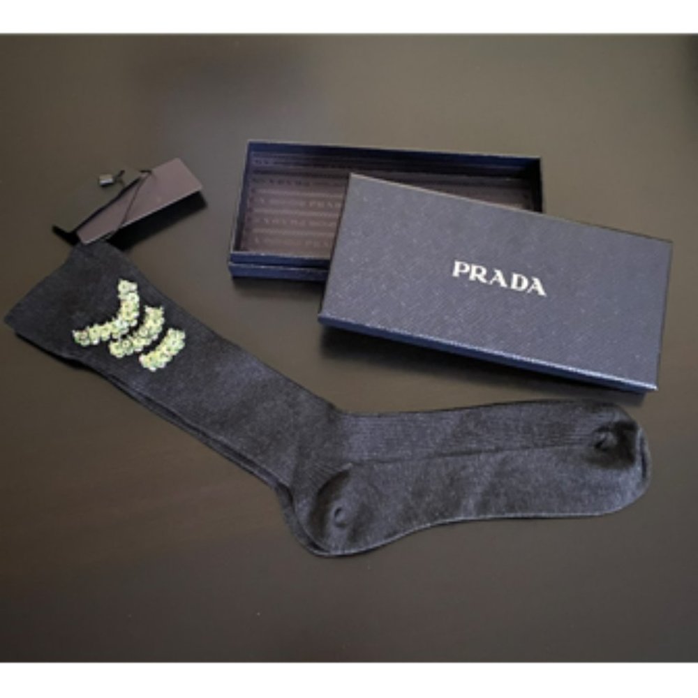 NWT PRADA Authentic Women Gray Socks Sparkling Decoration Size III